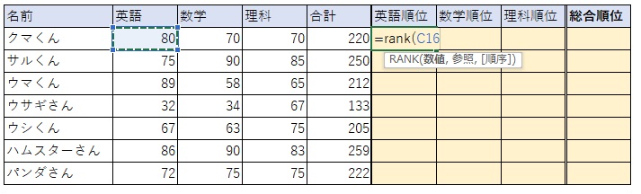 ②RANK関数の１つ目の要素「数値」のセルを選択します。