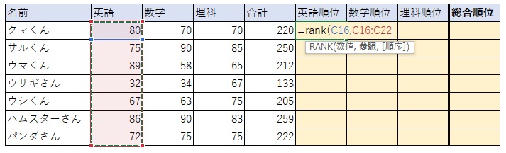 ③RANK関数の２つ目の要素「参照」のセルを選択します。