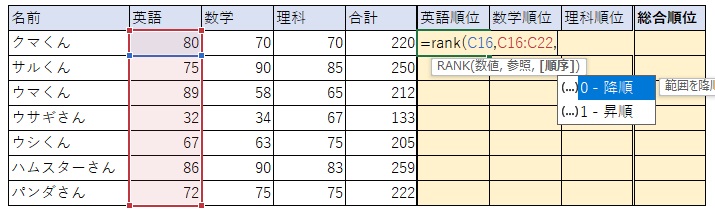 ④RANK関数の３つ目の要素「順序」を指定します。