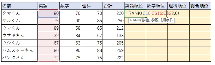 ⑥RANK関数の２つ目の要素「参照」を固定化します。